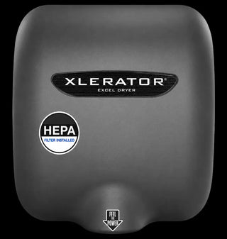 Excel Dryer XL-GR-H XLERATOR hand dryer featuring a graphite textured painted cover with a dark gray finish,curved surface mounted housing,and factory installed HEPA filtration. The automatic sensor operated unit combines a modern industrial appearance with high speed hand drying performance for commercial restroom environments.