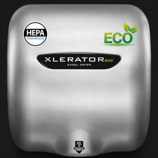 Excel Dryer XL-SB-ECO-H XLERATOR hand dryer featuring a brushed stainless steel cover with a satin metallic finish,curved surface mounted housing,and integrated HEPA filtration system. The automatic sensor activated unit combines energy efficient no heat operation with a durable commercial grade stainless steel design for high traffic restroom environments.
