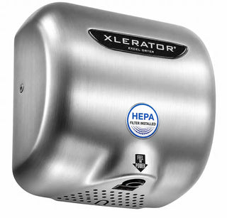 Brushed stainless steel Excel Dryer XL-SB-H XLERATOR hand dryer with integrated HEPA filtration, touchless sensor activation, fast hand drying performance, and surface-mounted commercial design.