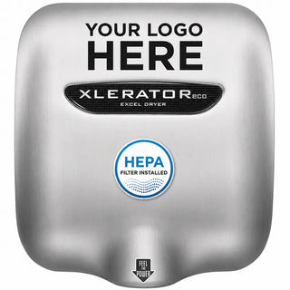 Excel Dryer XL-SB-SI-ECO-H XLERATOReco hand dryer with brushed stainless steel custom image cover, integrated HEPA filter sticker, touchless automatic operation, and energy-efficient no-heat technology.
