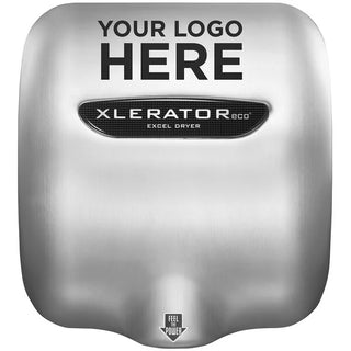 Excel Dryer XL-SB-SI-ECO high-speed hand dryer with custom image brushed stainless steel cover, touchless sensor operation, 500-watt no-heat technology, and surface-mounted installation for commercial restrooms.