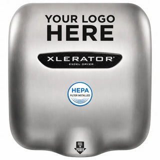 Excel Dryer XL-SB-SI-H XLERATOR high-speed hand dryer with a custom image stainless steel cover, built-in HEPA filtration, touchless automatic operation, and durable surface-mounted design for commercial restrooms.
