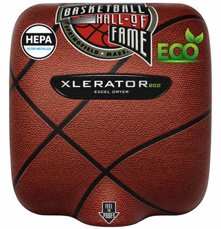 Excel Dryer XL-SI-ECO-H XLERATOR hand dryer featuring a custom printed image cover with a curved surface mounted housing and integrated HEPA filtration system. The automatic sensor activated unit combines energy efficient no heat operation with personalized graphics,branding,or artwork for commercial restroom and architectural applications.