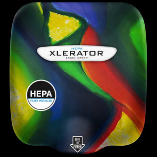 Excel Dryer XL-SI-H XLERATOR hand dryer featuring a custom image cover with personalized graphics,curved surface mounted housing,and factory installed HEPA filtration. The automatic sensor operated unit combines high speed hand drying performance with a unique custom printed design for commercial restroom and branded facility environments.