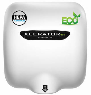 Excel Dryer XL-W-ECO-H XLERATOR hand dryer featuring a white epoxy painted steel cover with a smooth curved housing,surface mounted design,and integrated HEPA filtration system. The automatic sensor activated unit delivers a clean professional appearance while providing energy efficient no heat hand drying for commercial restroom environments.