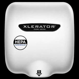 Excel Dryer XL-W-H XLERATOR hand dryer featuring a white epoxy painted cover with a smooth curved housing and surface mounted design. The unit includes factory installed HEPA filtration,automatic sensor activation,and a clean professional appearance suitable for high traffic commercial restroom environments.