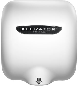 White XLERATOR hand dryer with a durable composite cover, automatic touch-free activation, high-speed drying performance, and wall-mounted installation for commercial restrooms.
