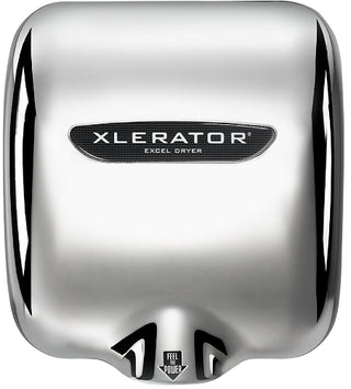 Chrome-plated XLERATOR hand dryer with a reflective metallic finish, automatic touch-free activation, high-speed drying performance, and wall-mounted installation for commercial restrooms.