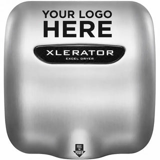 XLERATOR XL-SB-SI hand dryer with custom printed brushed stainless steel cover, automatic sensor activation, high-speed drying technology, and commercial surface-mounted design.