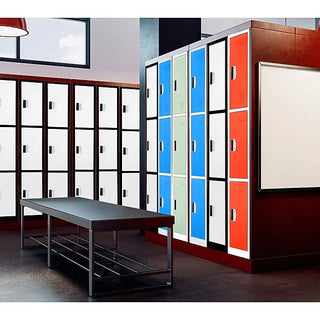 Alpine Industries ADI629-203 locker room with bench and rows of white, blue, green and red tier lockers