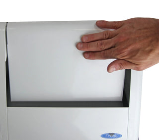 Frost 302-NL free-standing swing top waste receptacle with white epoxy-coated steel construction and concealed waste opening.