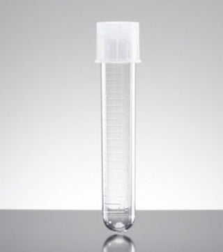 Clear cylindrical Falcon® 915060_CS Test Tube Plain 17 X 100 mm No Color Coding Snap Cap Polystyrene Tube with a white cap on a gray background
