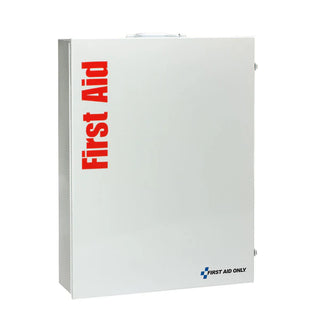 White first aid cabinet with 'First Aid' text and 'First Aid Only' logo on a white background