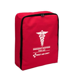 Red first aid kit with emergency response and first aid only text on a white background