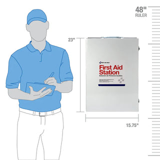 First aid station with dimensions shown relative to a person and ruler
