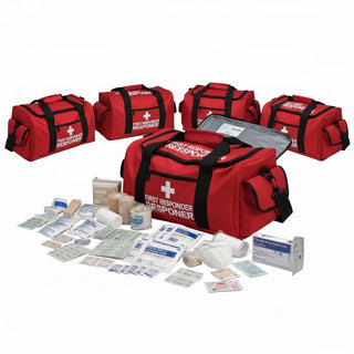 Red first responder bag with medical supplies on a white background