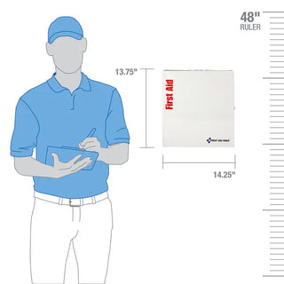 Measurement chart showing a person wearing a blue shirt and cap, holding a first aid kit, with dimensions labeled.