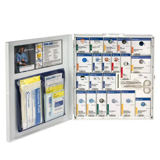 First aid kit with various supplies on a white background