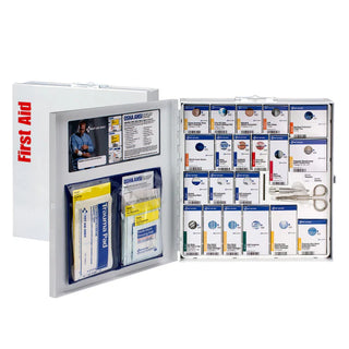 Open first aid kit with various supplies on a white background