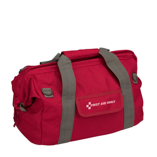 Red duffel bag with gray straps and 'First Aid Only' logo on a white background