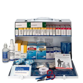 First aid kit with various medical supplies on a white background