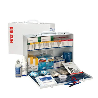 First aid kit with various supplies on a white background