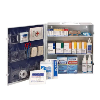 First aid kit with various supplies on a white background