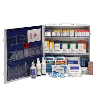 First aid kit with various medical supplies on a white background