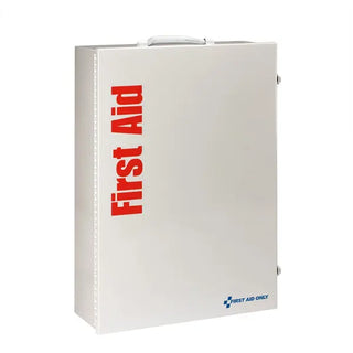 White first aid cabinet with 'First Aid' text and 'First Aid Only' logo on a white background