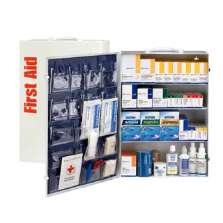 Open first aid kit with various supplies on a white background