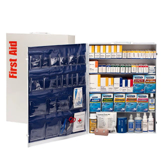 Open first aid cabinet with various medications and supplies on a white background