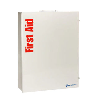 White first aid cabinet with 'First Aid' text in red on a white background