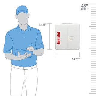 Measurement chart showing a person wearing a blue shirt and cap, holding a first aid kit, with dimensions indicated.