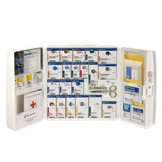 Open first aid kit with various supplies on a white background