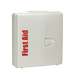 White first aid kit with red 'First Aid' text on a white background