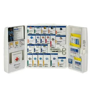 Open first aid kit with various supplies on a white background