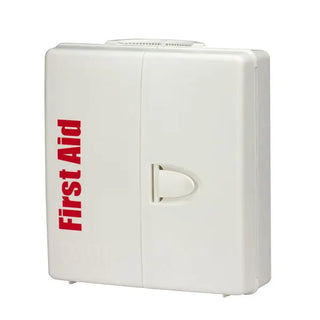 White first aid kit with red 'First Aid' text on a white background