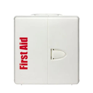 White first aid kit with red 'First Aid' text on a white background