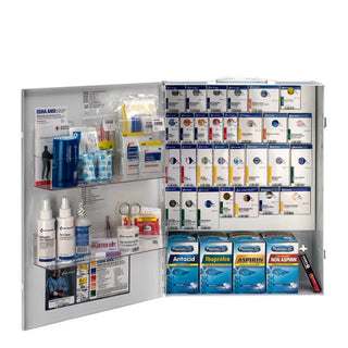 Open first aid kit with various medications and supplies on a white background
