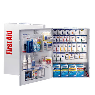 Open first aid kit with various medications and supplies on a white background