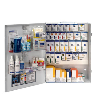 Open first aid cabinet with various medical supplies on a white background