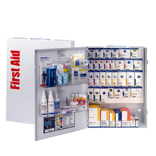 Open first aid cabinet with various medical supplies on a white background