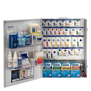 First aid kit and medication cabinet with various supplies on a white background