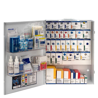 First aid and safety supplies in an open metal cabinet on a white background
