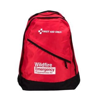 Red backpack with 'First Aid Only' and 'Wildfire Emergency Preparedness Kit' text on a white background