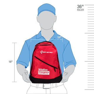 Red 'Wildfire Emergency Preparedness Kit' backpack with measurements on a mannequin.