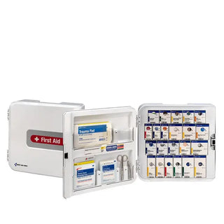Open first aid kit with various supplies on a white background