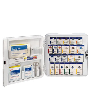First aid kit with various supplies on a white background