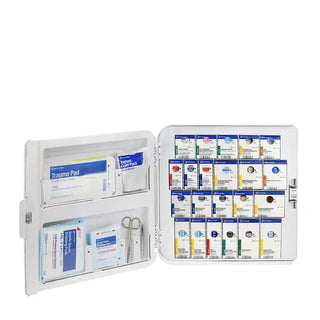 First aid kit with various supplies on a white background