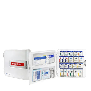 First aid kit with open door displaying various supplies on a white background